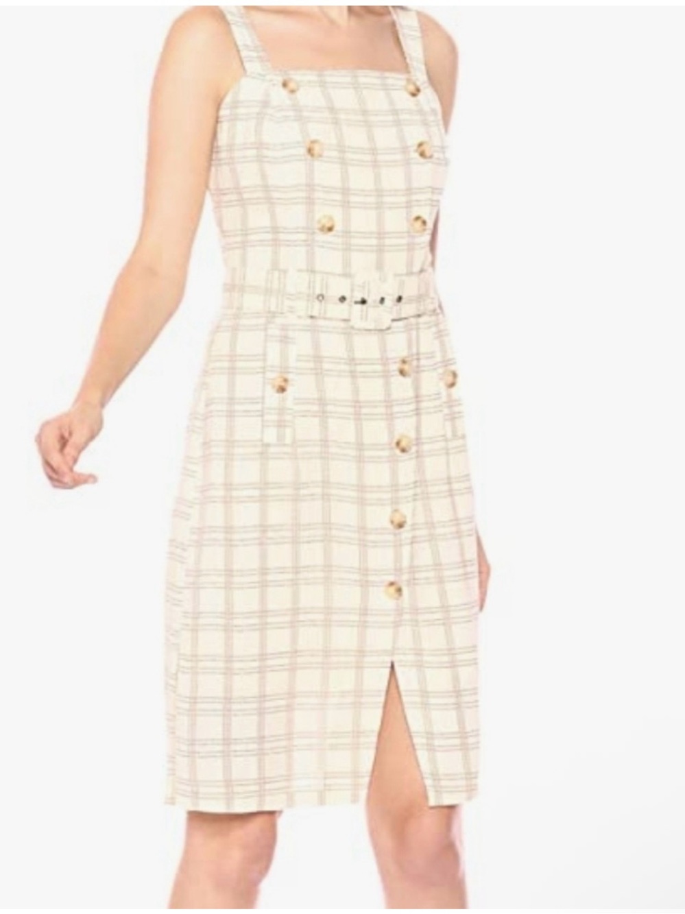 J.O.A. Cream Plaid Midi Dress with Belt